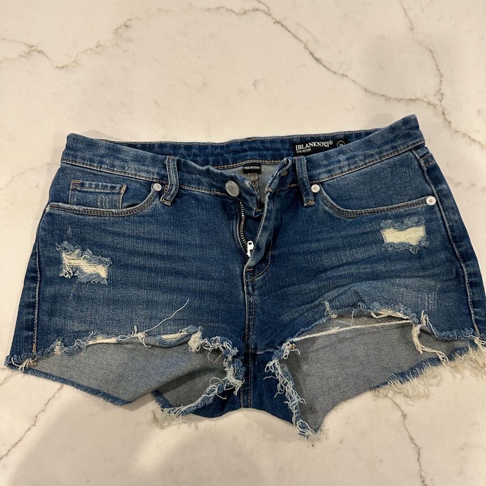 Blank NYC Astor Distressed Denim Shorts - Medium Blue.
